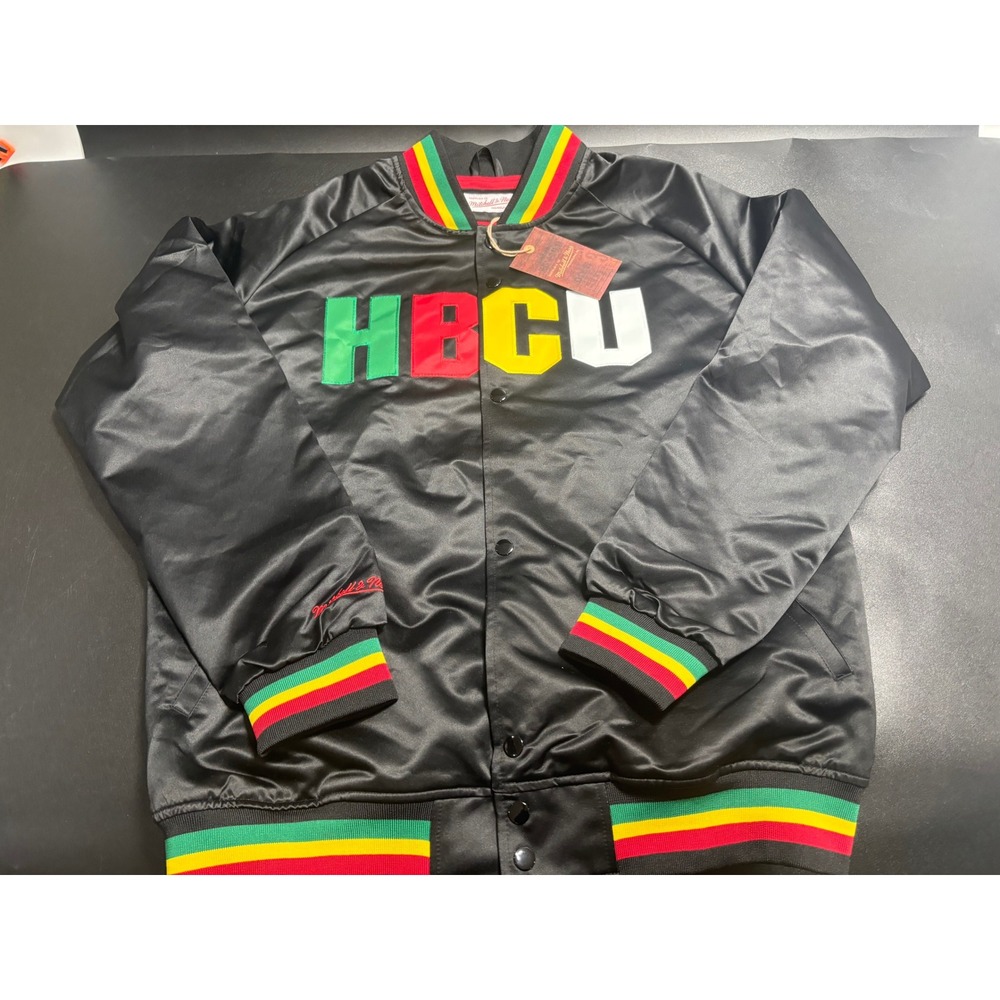 Mitchell & Ness HBCU University Satin Bomber Jacket in Black Size Large